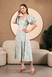 Halofera Puff Sleeve Printed Cotton Midi Dress