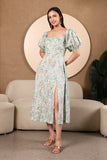 Halofera Puff Sleeve Printed Cotton Midi Dress