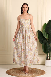 Rebecca Flower Printed Cotton Bustier Midi Dress